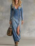 V-neck Single-breasted Side-slit Denim Long-sleeved Maxi Dress