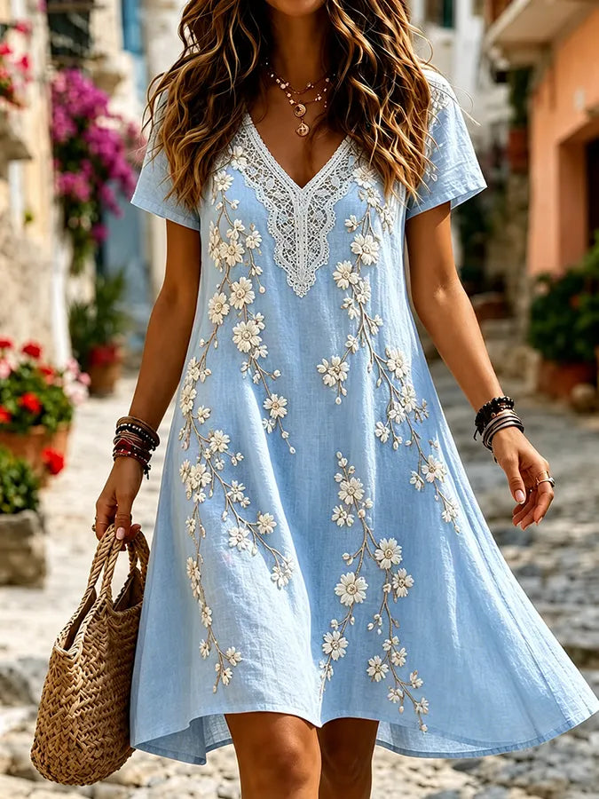 Women'S Plant Flower Art Linen Blended V-Neck Mini Dress