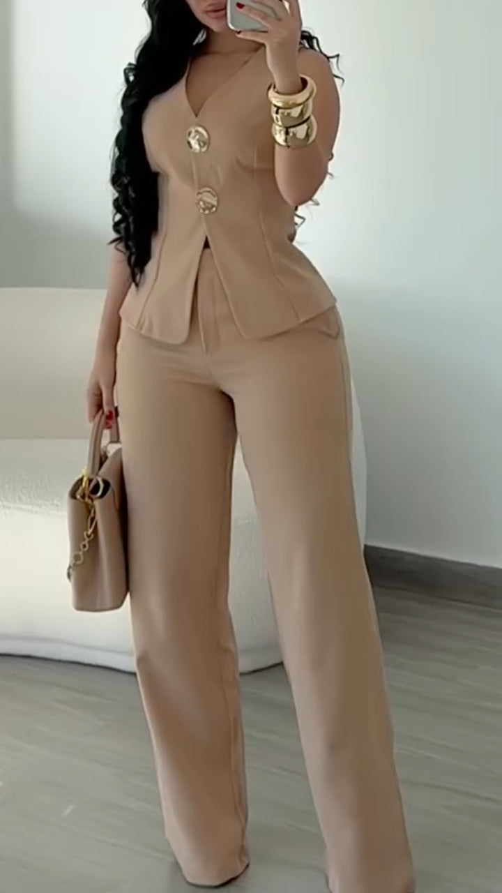 V‐Neck Vest & Wide‐Leg Pants Co‐Ord Set