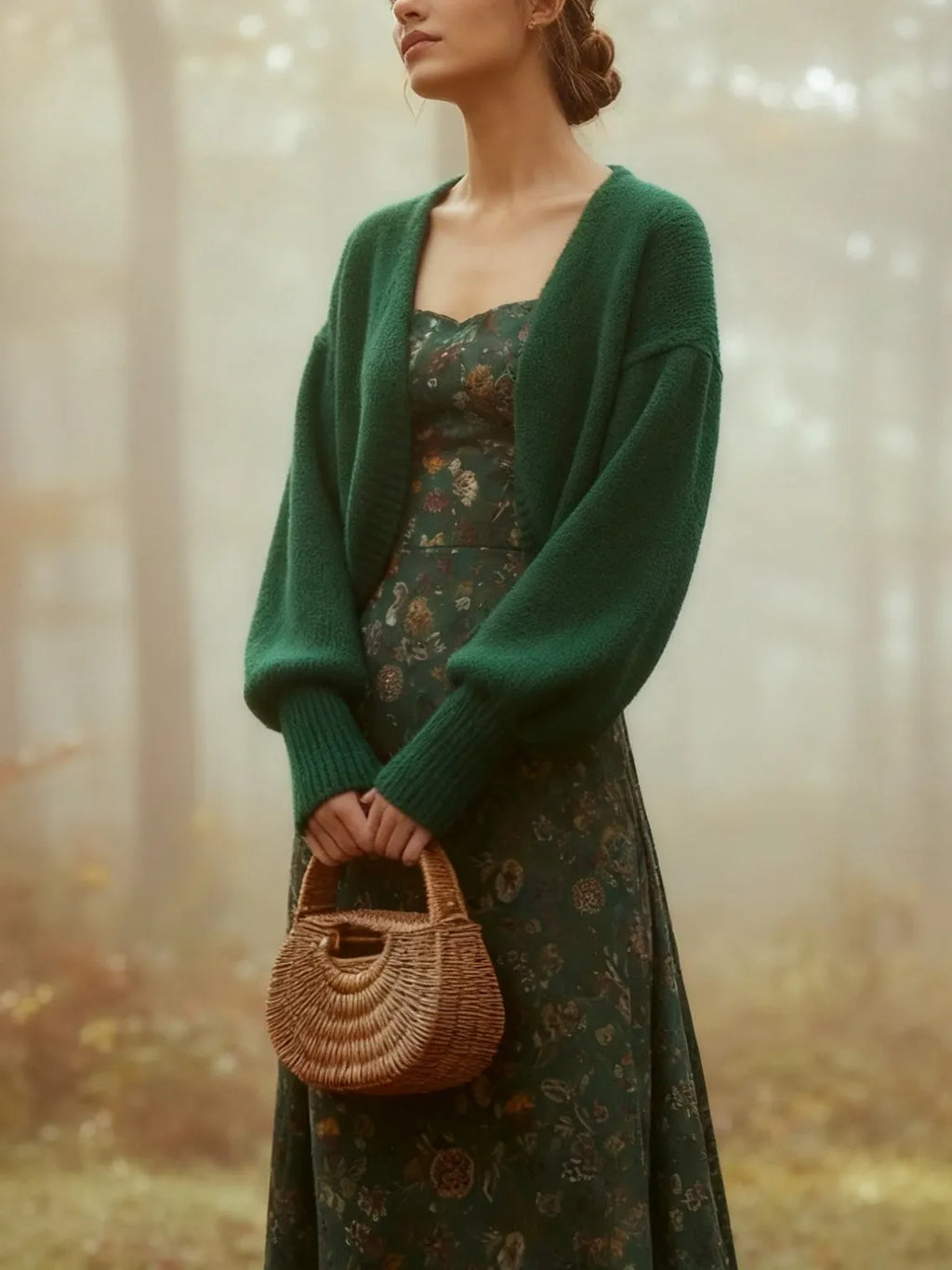 Midi Linen Dress, Long Sleeves, Square Neck, Paisley, Vintage, Green