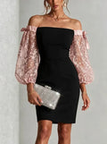 Black Off Shoulder Mini Dress Pink Floral Lace Puff Sleeve Satin Bow Bodycon Party Dress