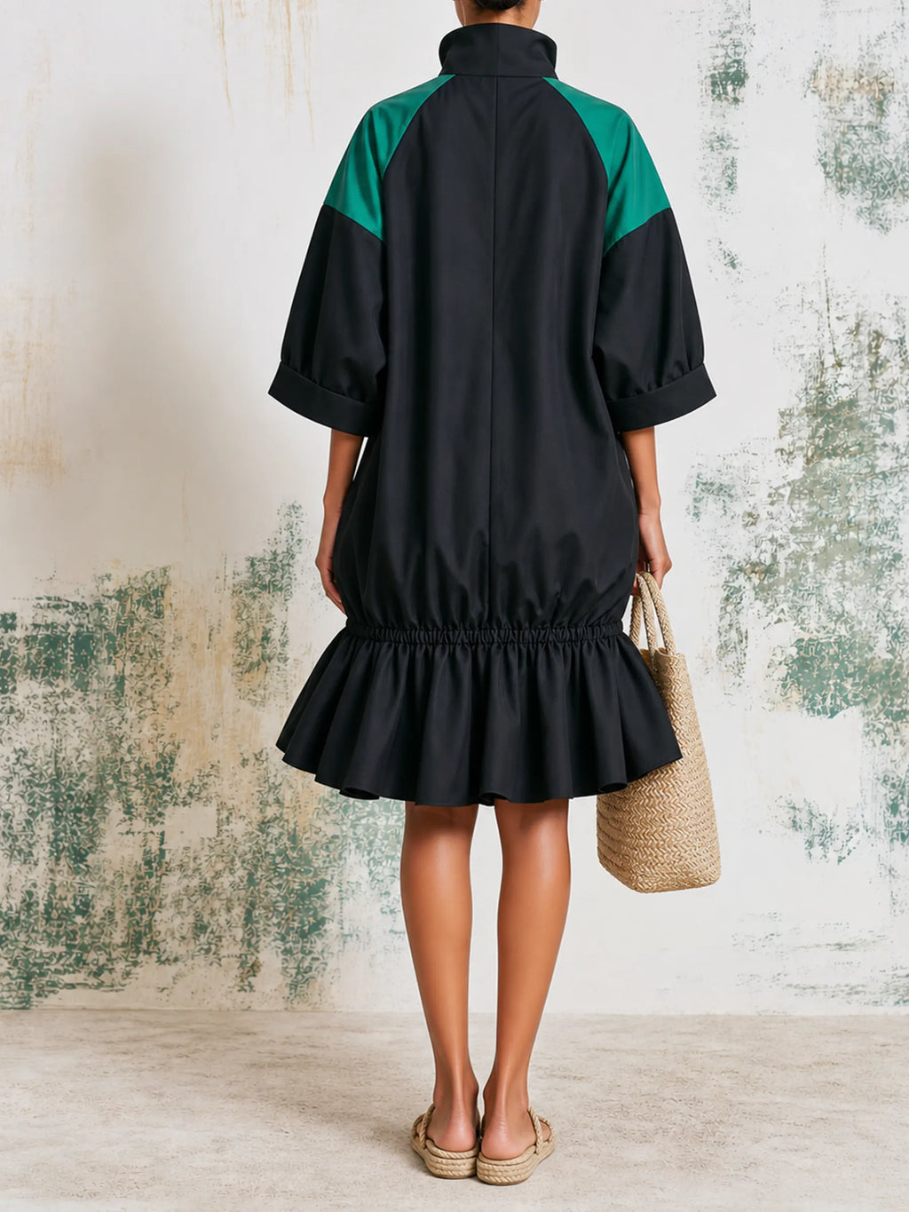 Color Block Half Zip Sport Mini Dress With Drawstring Ruffle Hem