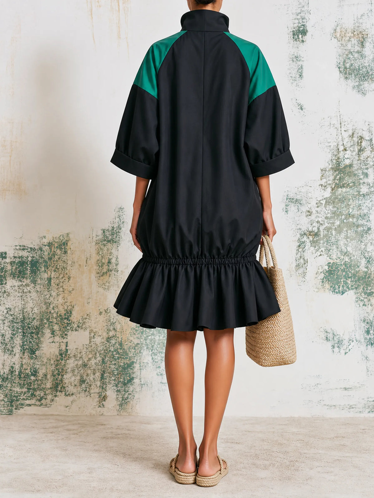 Color Block Half Zip Sport Mini Dress With Drawstring Ruffle Hem