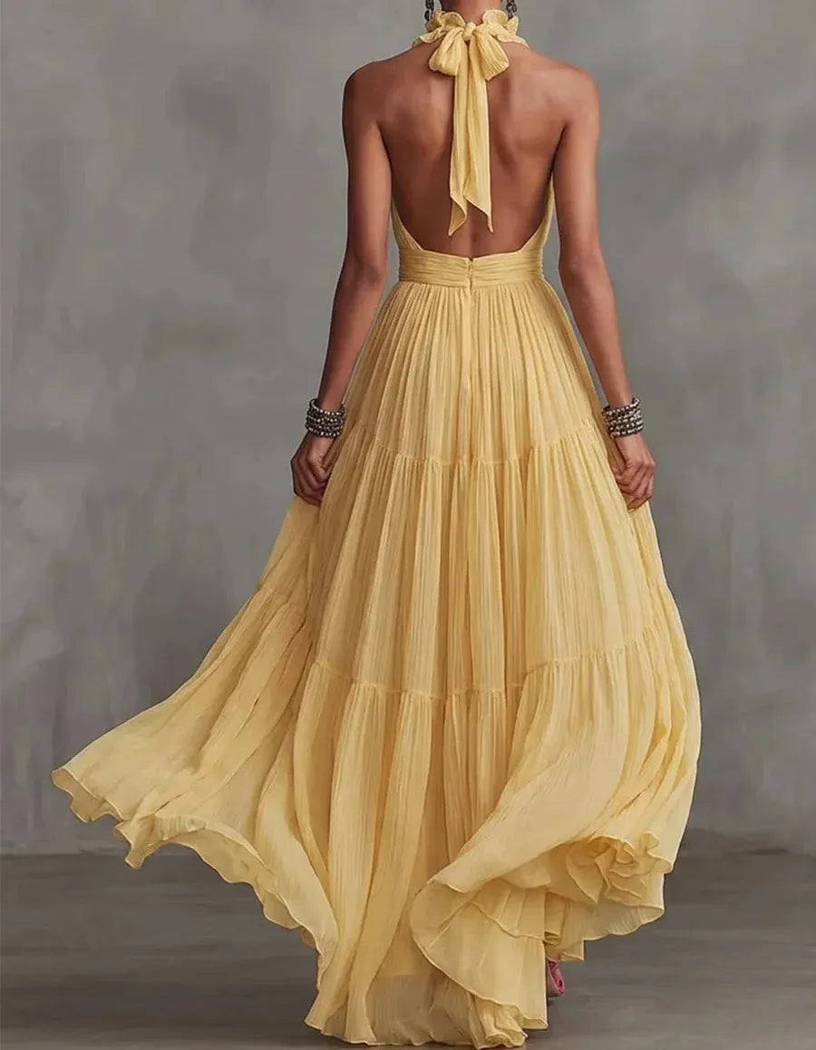 Ruffle Halter Pleated Flowy Maxi Dress