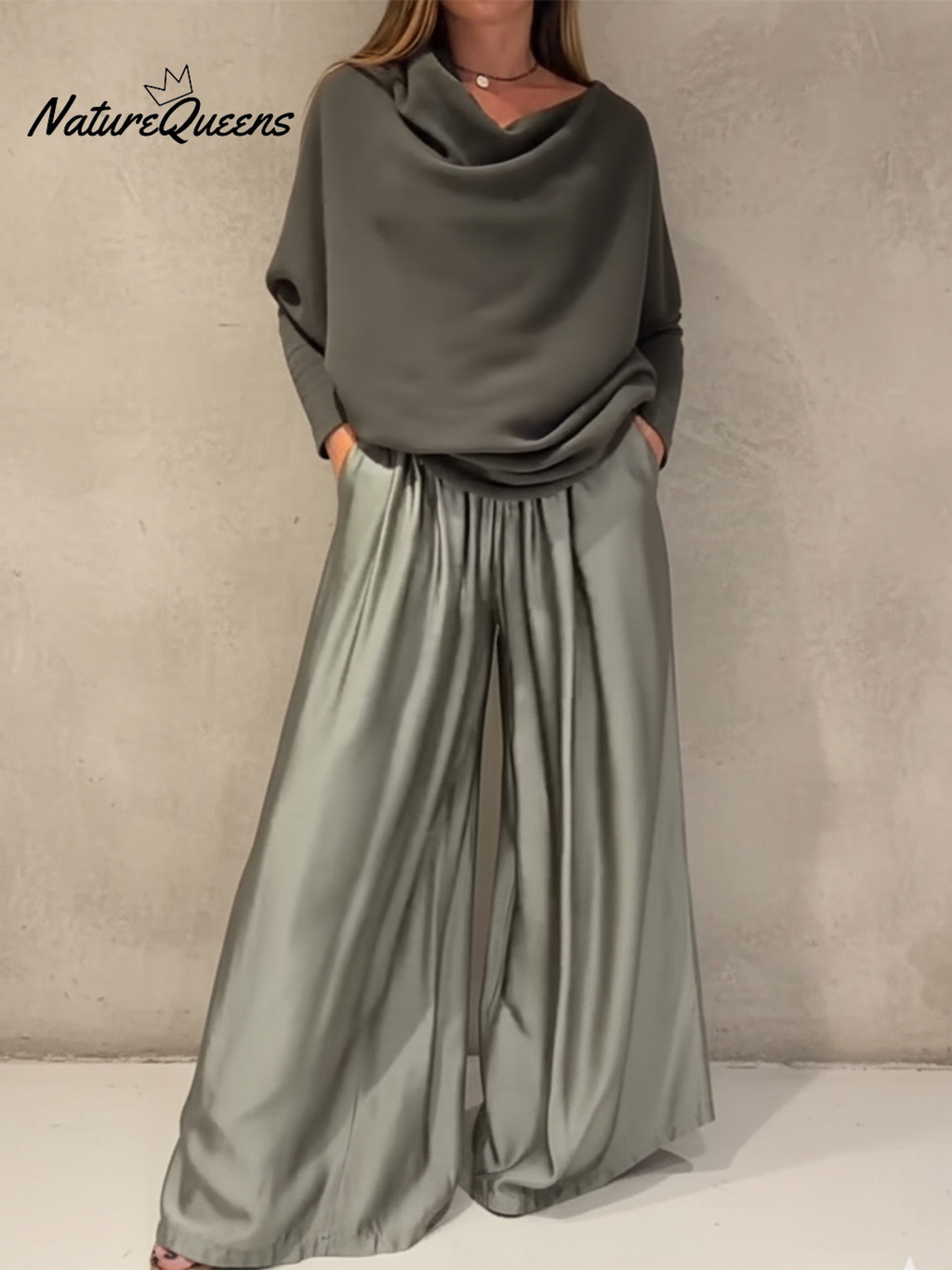 Elegant Off-shoulder Sweater and Satin Wide-leg Pants Two-piece Suit