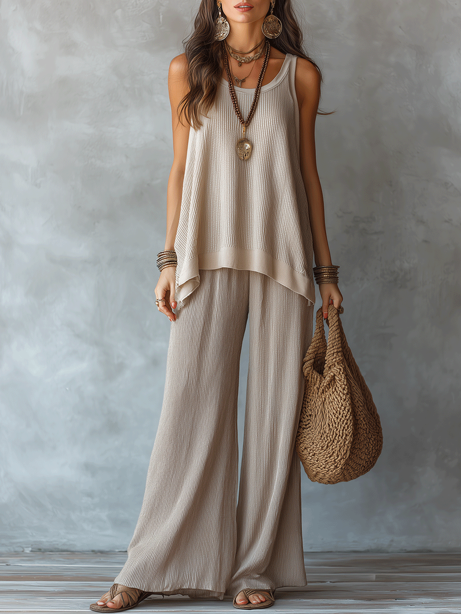 Effortless Boho Sleeveless Textured Top & Wide-Leg Pants Set