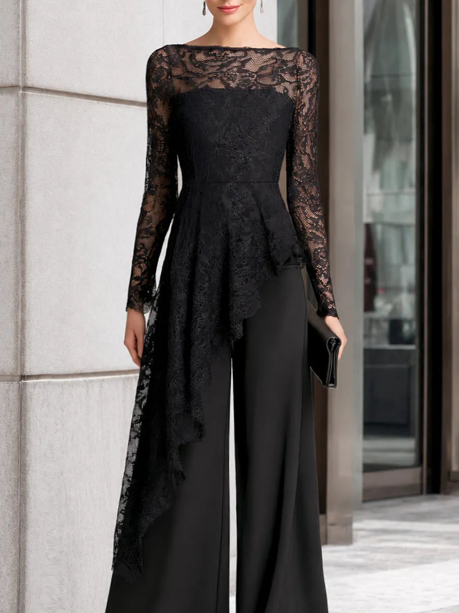 Lace Overlay Asymmetric Wide-Leg Jumpsuit