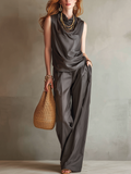 Minimalist Charcoal Gray Satin Drape Neck Sleeveless Wide-Leg Suit