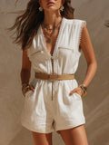 Casual Vacation White Lace-trimmed V-neck Cotton Linen Sleeveless Jumpsuit