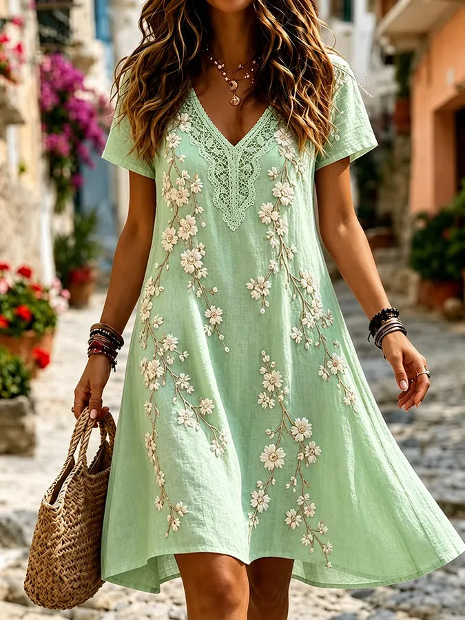 Women'S Plant Flower Art Linen Blended V-Neck Mini Dress
