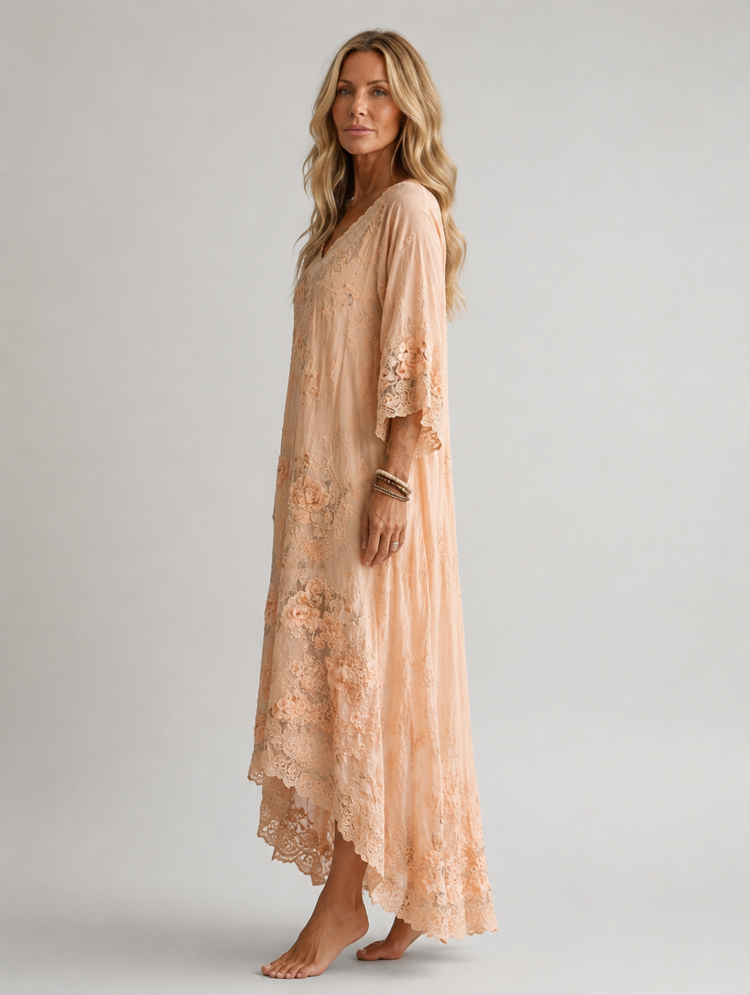Women's Boho Floral Embroidered Lace Printed Maxi Dress