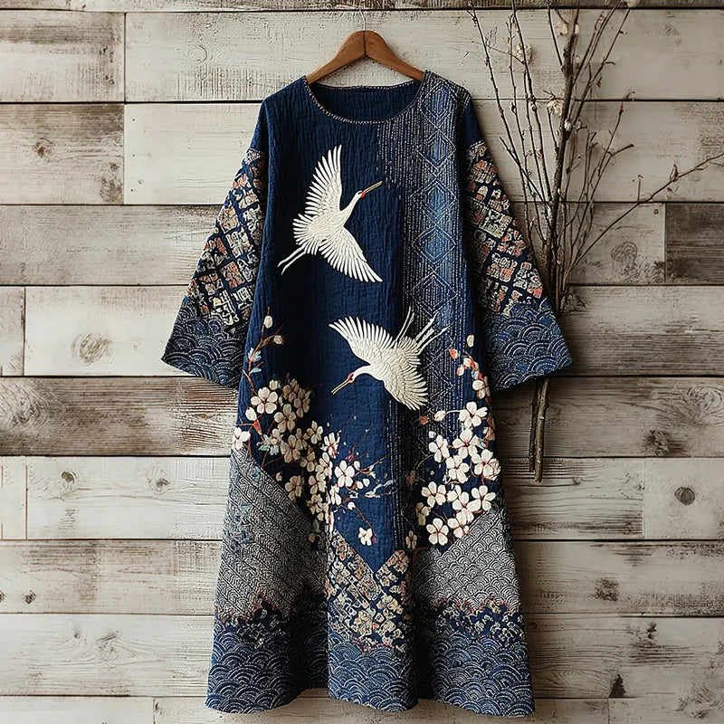 Women's Vintage Japanese Crane Art Linen Blend Round Neck Dress