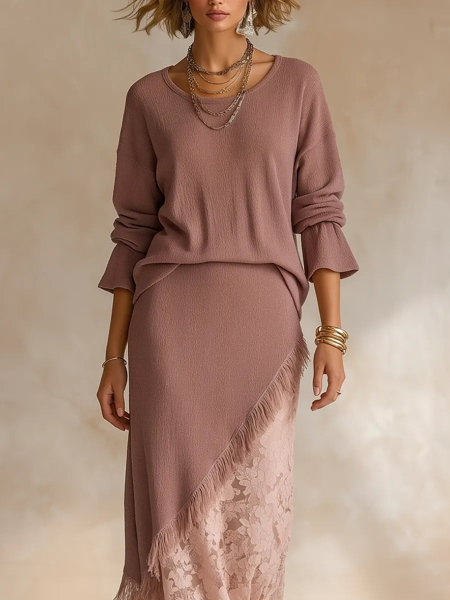 Earthy Boho Asymmetric Lace Panel Skirt Outfit Set