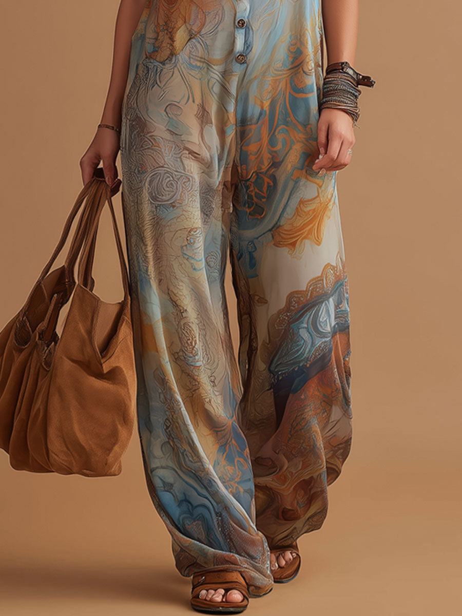 Vacation Retro Bohemian Print Chiffon Sleeveless Wide-Leg Jumpsuit