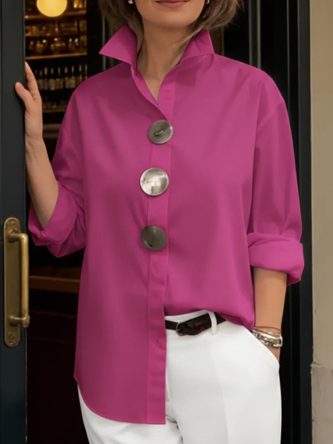 Elegant Stand-collar Metal Buttons Cotton Linen Blouse