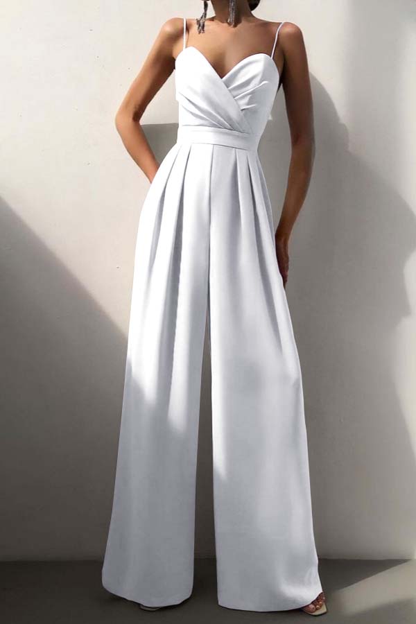 Cocoslly Chic Lilac Sweetheart Spaghetti Strap Sleeveless Pleated Long Wid-Leg Jumpsuit