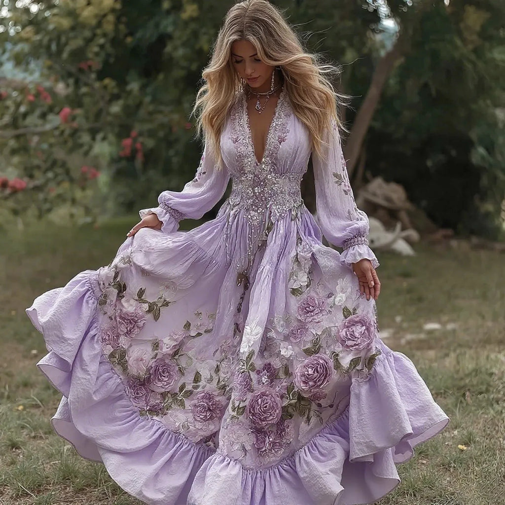 Women's Vintage Roses Embroidery Art V-neck Long Sleeves Maxi Dress
