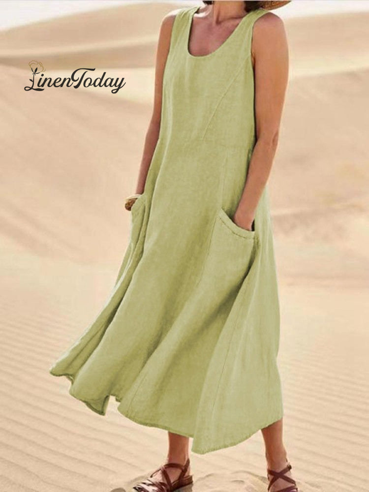 Women Sleeveless Sundress Elegant Round Neck Cotton Linen Solid Long Tank Casual Summer Dress