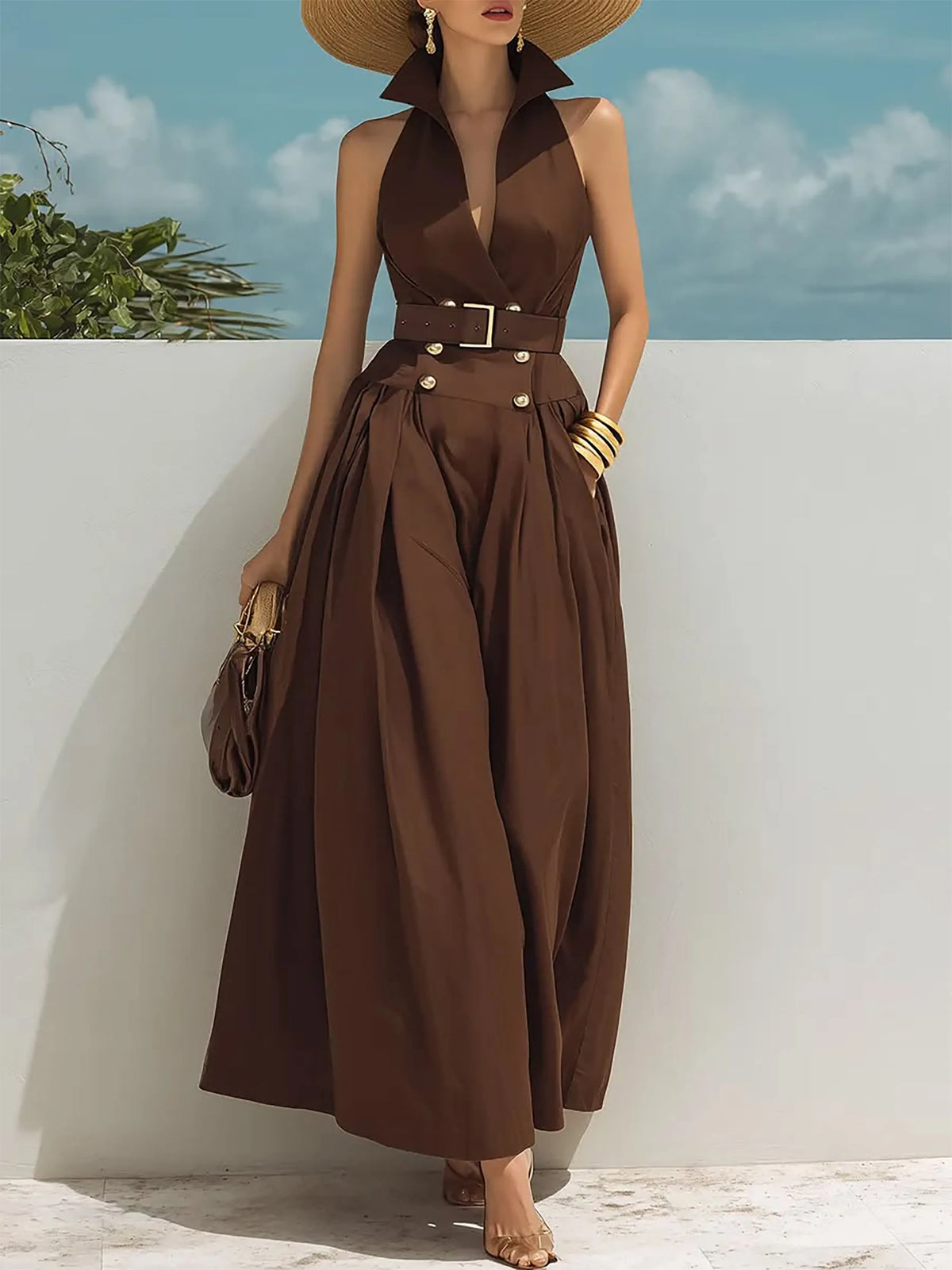 Maxi Cotton Dress, Sleeveless, V Neck, Plain, Belt Design, Vintage, Brown