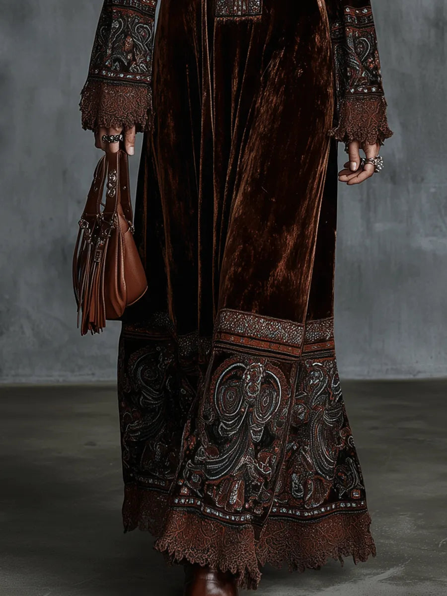 Bohemian Velvet Embroidered Borders Maxi Dress