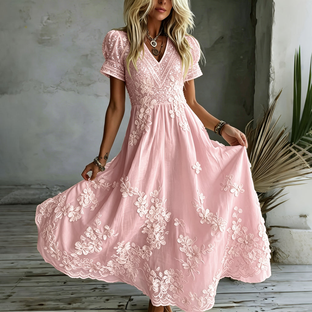 Women's White Rose Art Embroidered Linen Blend V Neck Maxi Dress