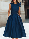 Bow Shoulder Pinstripe A-Line Midi Dress