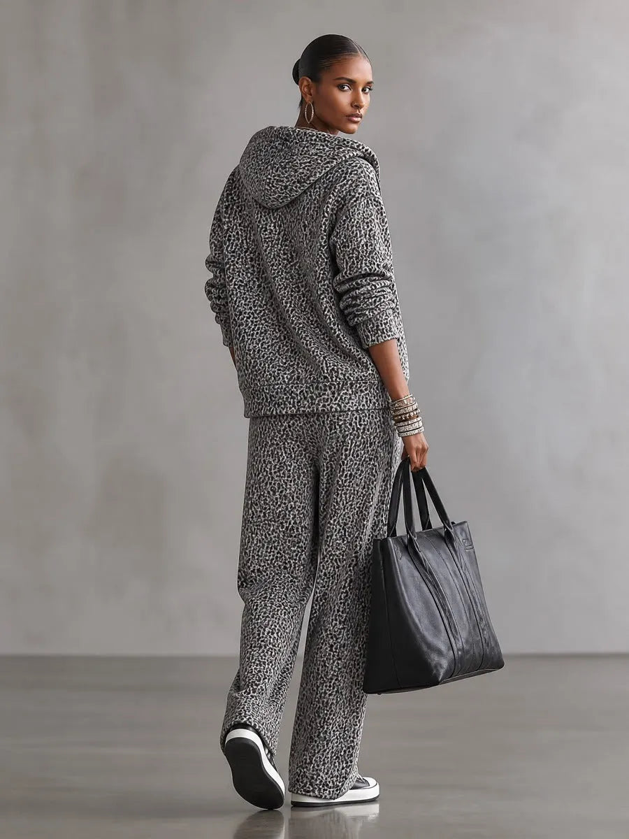 Leopard Print Zip-Up Hoodie and Wide-Leg Pants Lounge Set