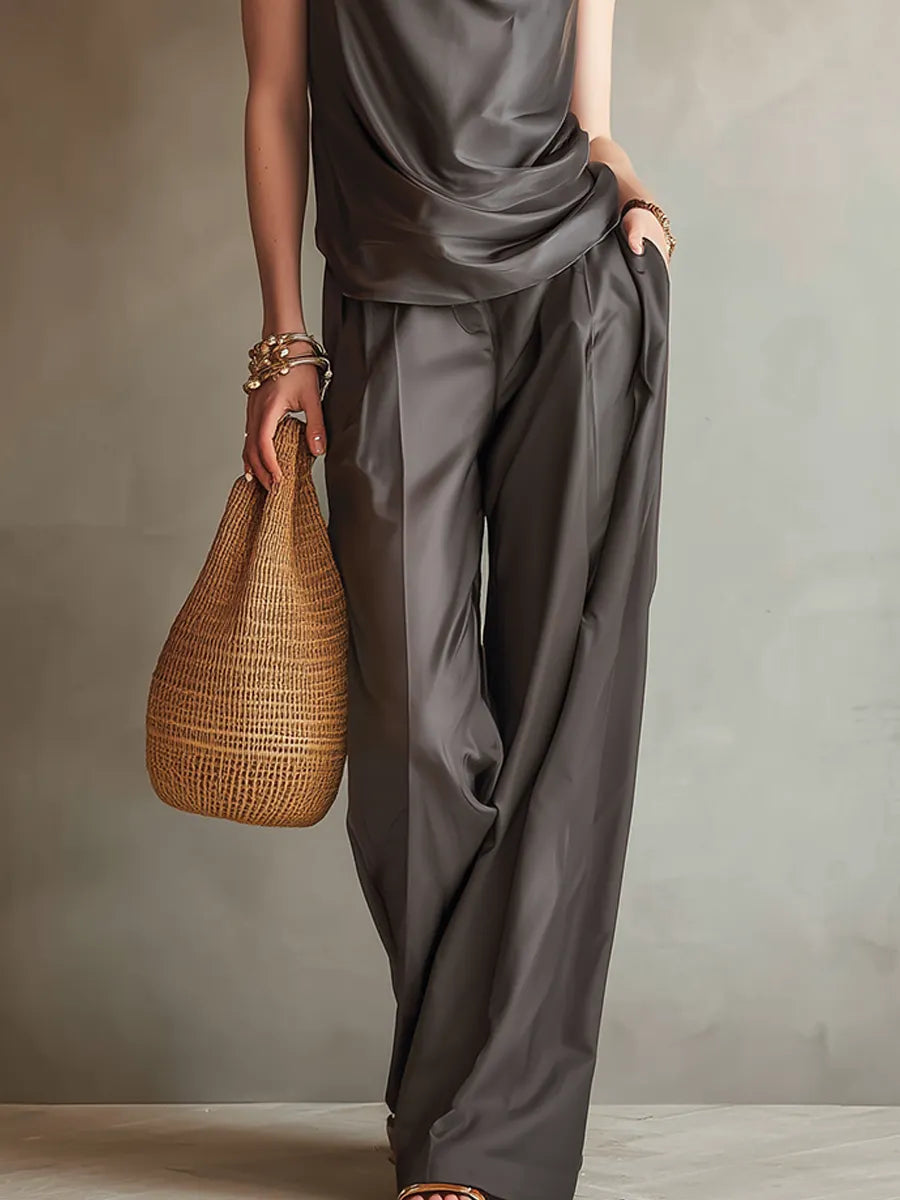 Minimalist Charcoal Gray Satin Drape Neck Sleeveless Wide-Leg Suit