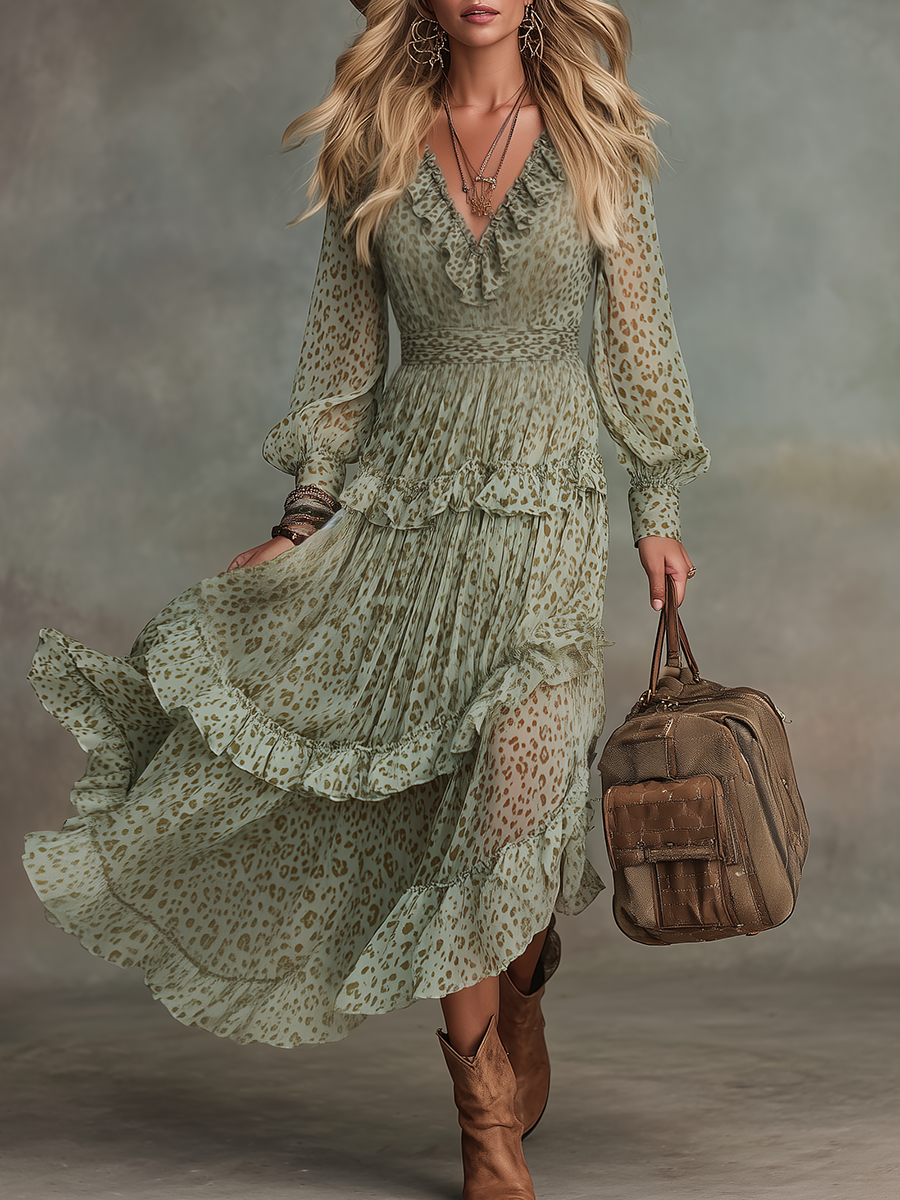 Vintage And Elegant V-neck Ruffled Leopard Print Chiffon Midi Dress
