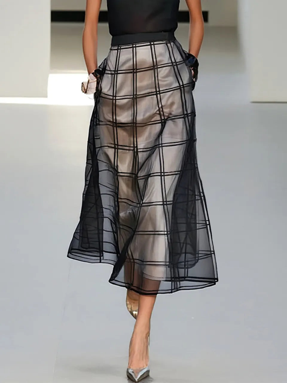 Black Organza Plaid Classic Mock Neck Sleeveless A-Line Midi Dress