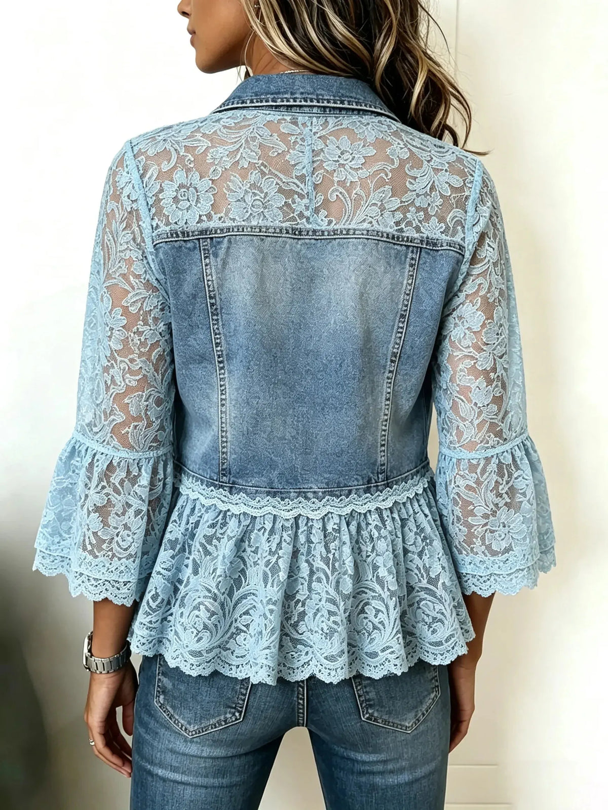 Women's Floral Lace Spliced Denim Short Jacket