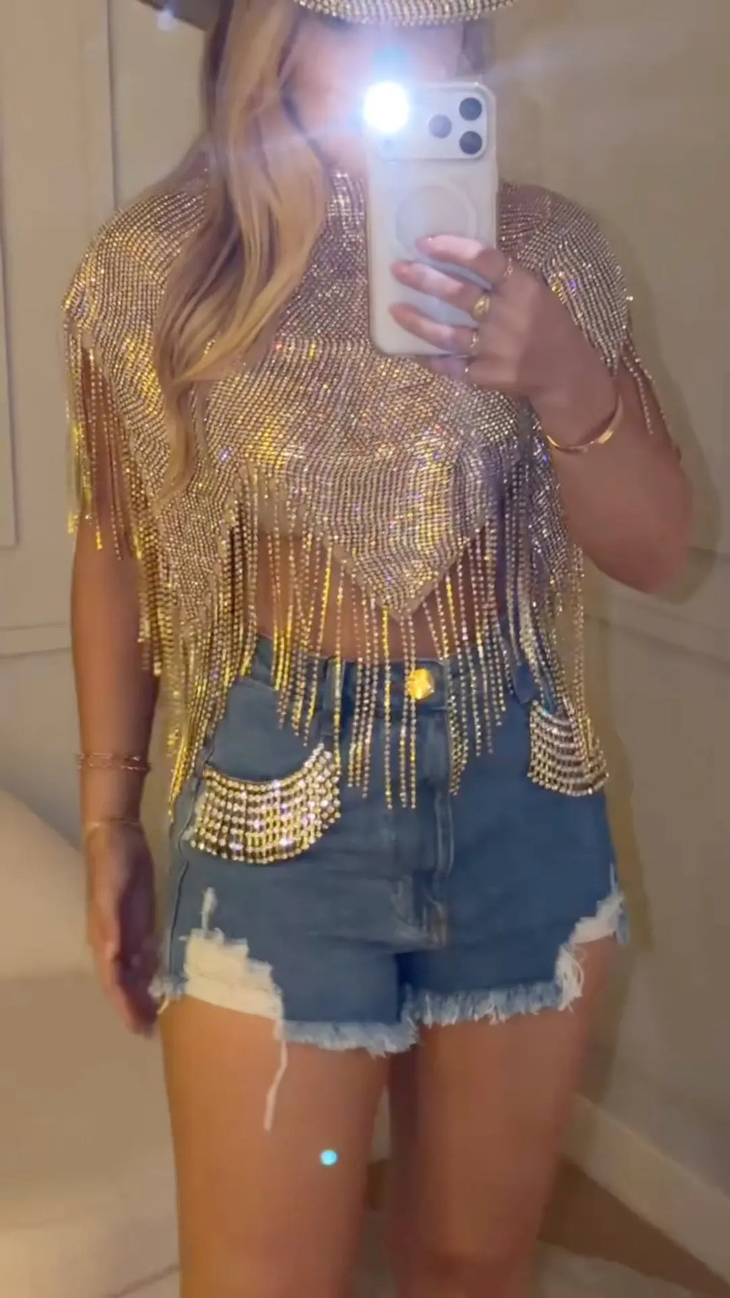 Gold Rhinestone Fringe Top & Ripped Denim Shorts Two‐Piece Set