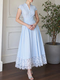Maxi Cotton Dress , Short Sleeves, V Neck, Plain, Lace, French Vintage, Aqua blue