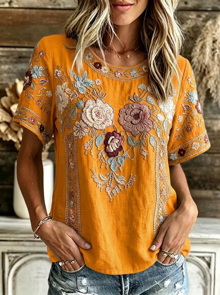 Women's Boho Floral Cotton Embroidered Printed T-shirt