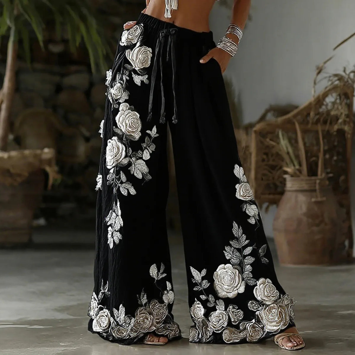 Women's Retro Floral Embroidery Art Casual Linen Pants