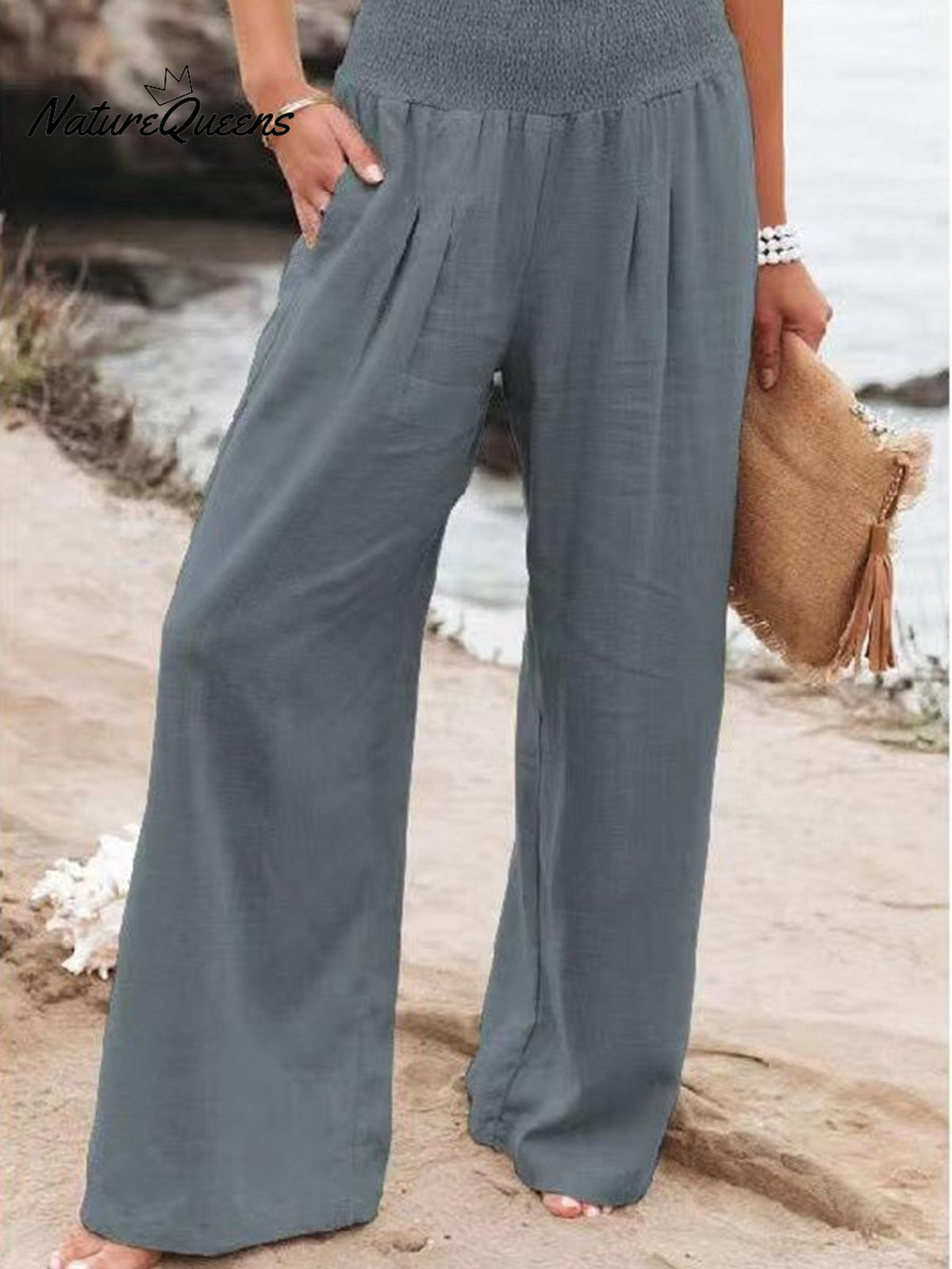 Women's Cotton and Linen Elasticated Waist-waisted Wide-leg Pants