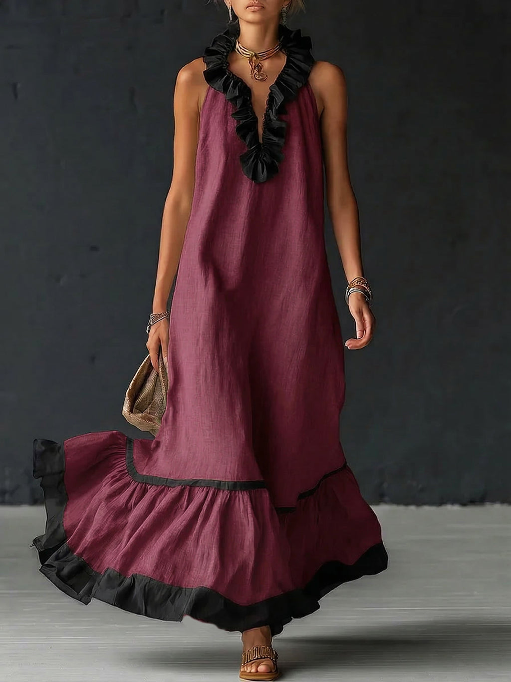 Elegant And Romantic Ruffled Color-blocked Maxi Dress