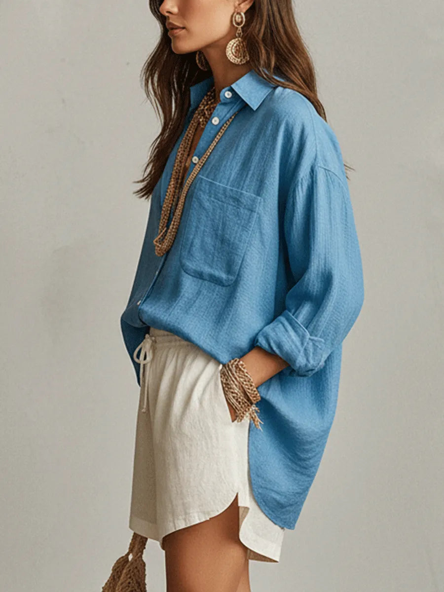 Bohemian Style Soft Blue Lightweight Shirt And Shorts