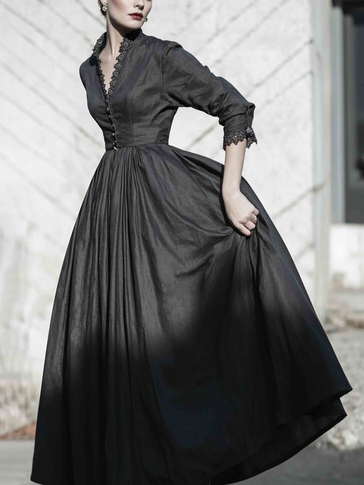 Maxi Linen Dress, Half Sleeve, V Neck, Plain, Button Design, Vintage, Black