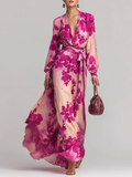 Rose Red Floral V-neck Belted Maxi Dress