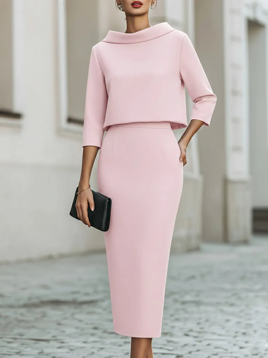 Boat Neck Top And Midi Skirt Set