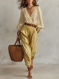 Refined Cream Ruffle Blouse & Tailored Trousers Set
