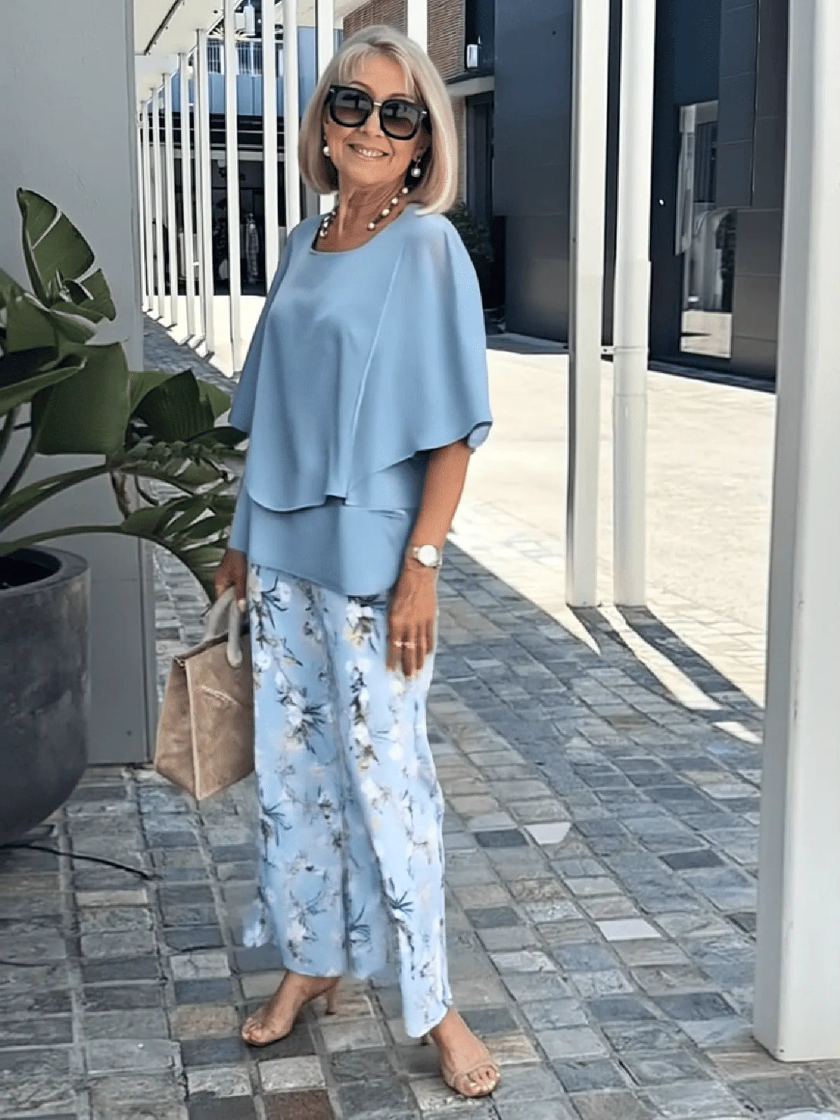Casual Crew Neck Medium Sleeve Top Printed Floral Pants Set Two-piece Set