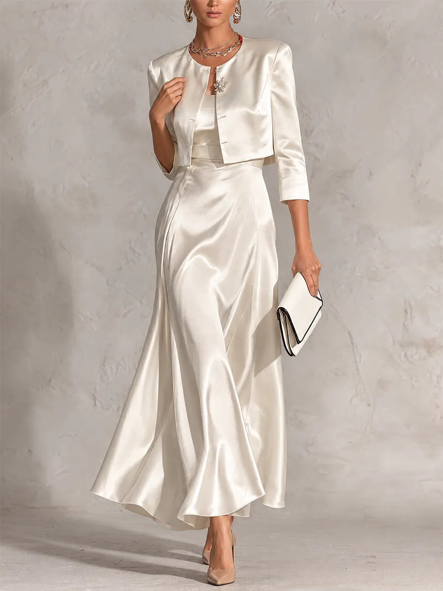 Elegant Ivory Satin Cropped Jacket & Maxi Dress Set