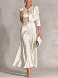 Elegant Ivory Satin Cropped Jacket & Maxi Dress Set