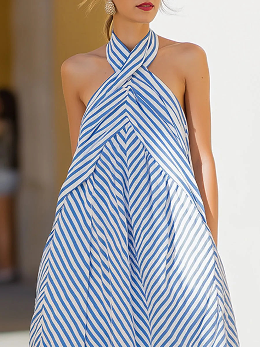 Nautical Stripe Halter Neck Maxi Dress