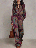 Paisley Print Satin Long Sleeve Shirt & Wide Leg Pants Set