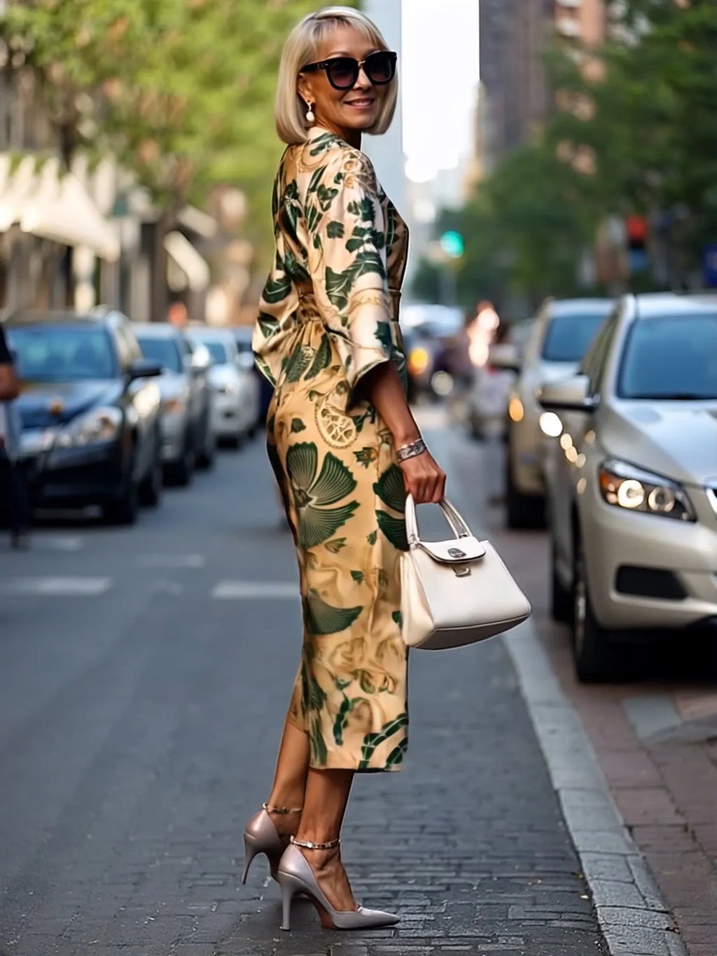 Formal Dress Hip Wrap Skirt Waist Party Skirt Round Neck Sleeve Design Dress