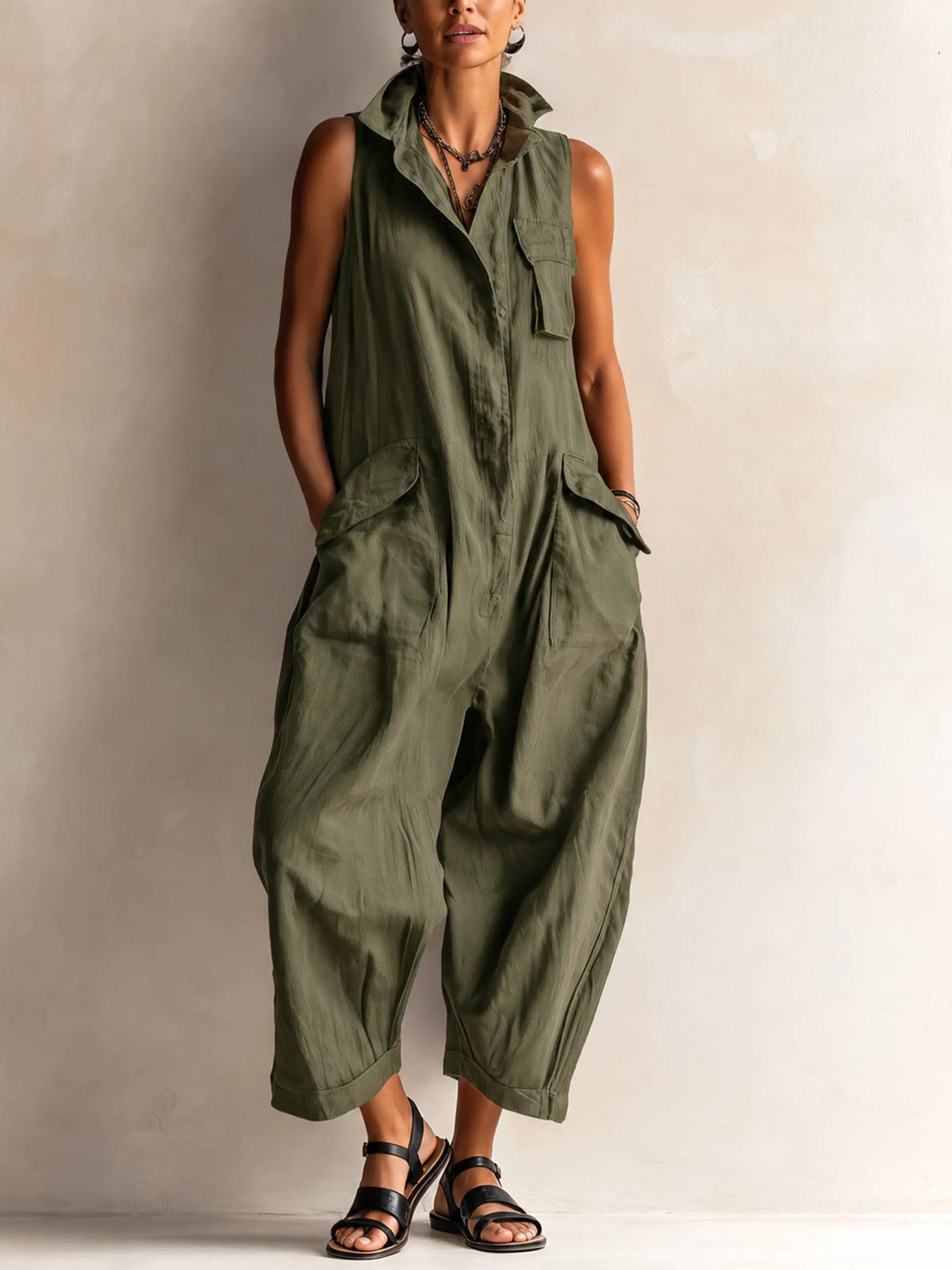Black Sleeveless Utility Wide-Leg Jumpsuit