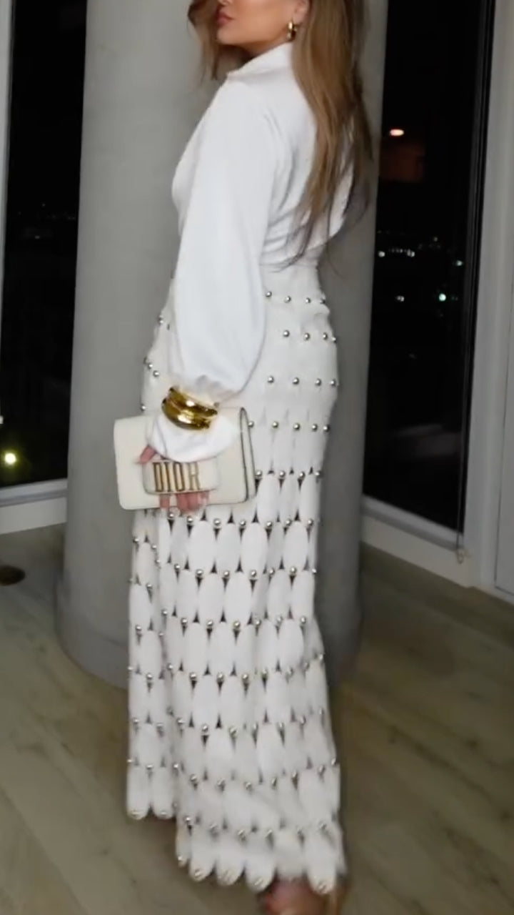 Women's White Deep V-Neck Shirt & Studded Cutout Long Skirt Set
